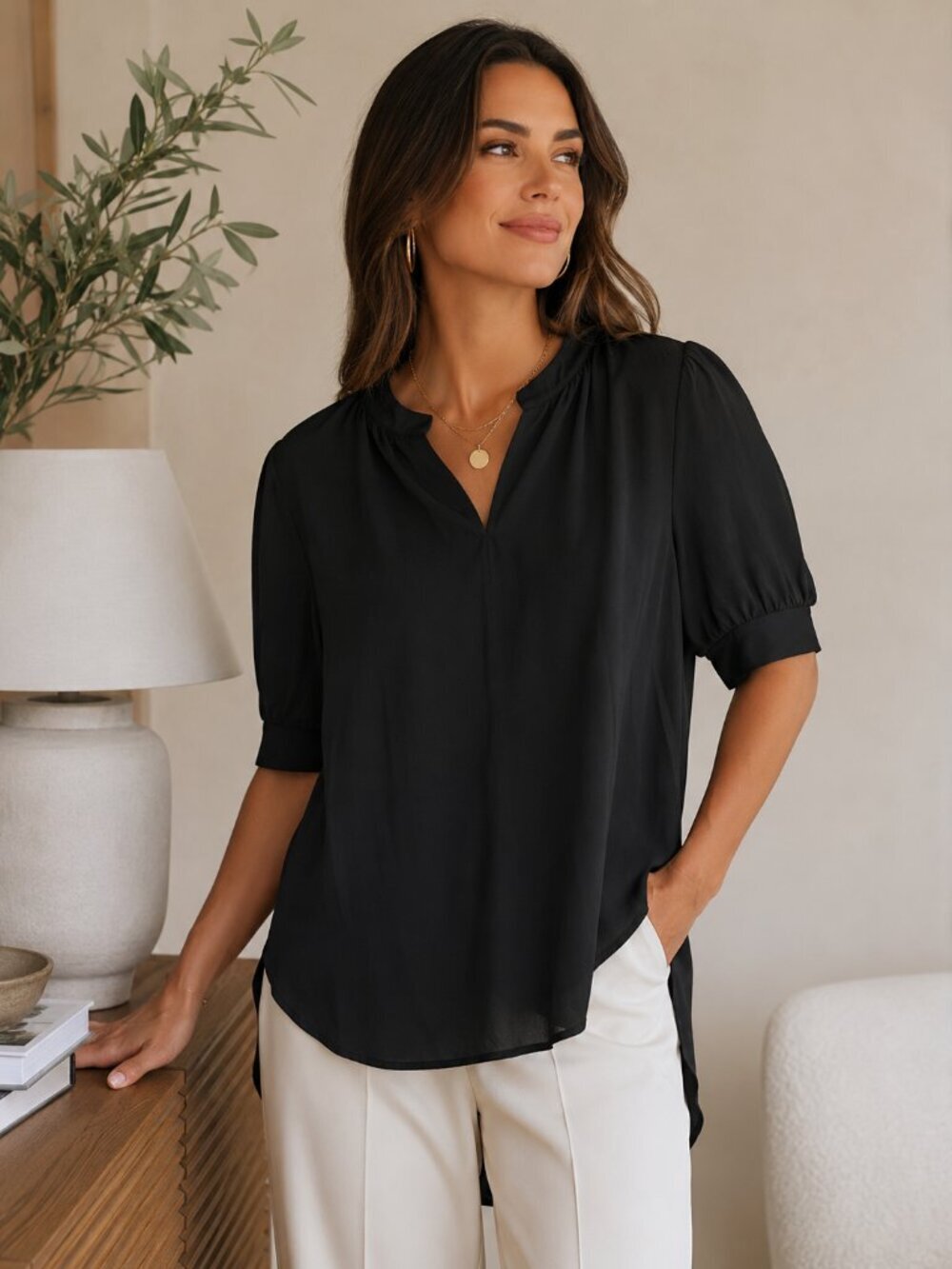 Catherine Malandrino Short Sleeve Black Top Size XL NWT Classic Office